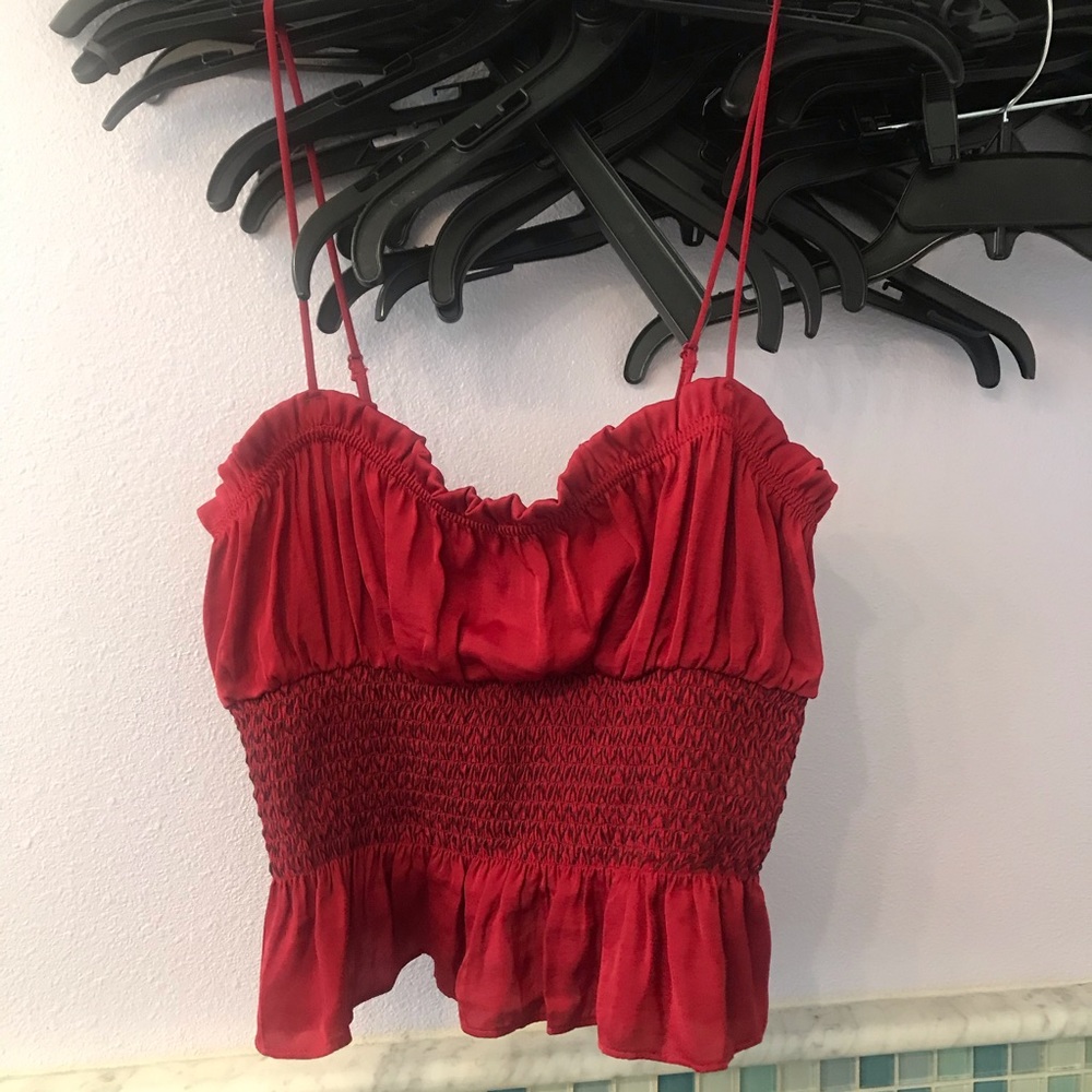 NWOT Free People Smocked Red Black Satin Crop Top - Picture 3 of 6